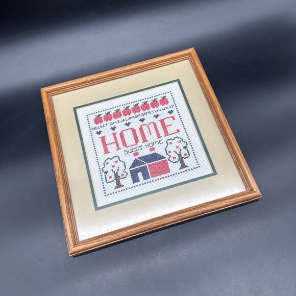 Other - Vintage Home Sweet Home Cross Stitch Wall Art Wood Frame Rustic Farmhouse Decor